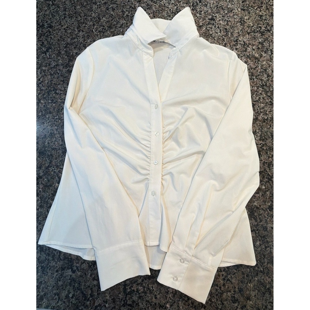 Calvin Klein Women Ruched Front Button Down Blouse Off White Cream Long Sleeve M